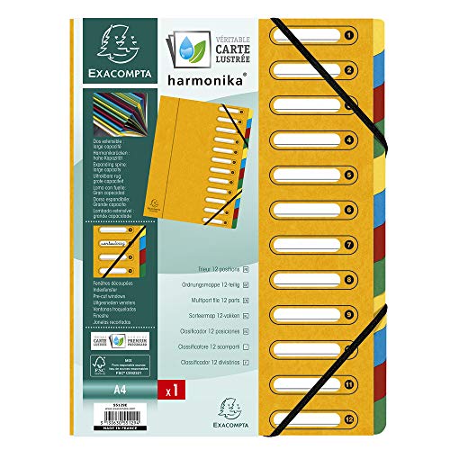 Exacompta Nature Future 55129E Index File Manila Cardboard 425 g with Elastic Cord and Flexible Harmonika Spine 12 Compartments with Cut-Out Windows DIN A4 Yellow