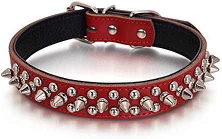 Devoted Pet Dog Cat Choke Collar PU Bullet Nail Litchi Lines Decorative Pattern Rivets Adjustable Image Dog Chain Ring Spiked Studded Leather Dog Basic Collar for Small Mediumn Large Pet Soft Comfortable Durable Red,Size M