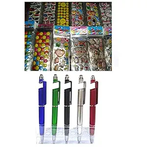 IMTION 2 in 1 ( 3 Sheet 3D Cartoon Sticker + 1 Pcs 3 in 1 Stylus Pen with Mobile Stand Holder, Writing Pen, Screen Wipe for mobiles