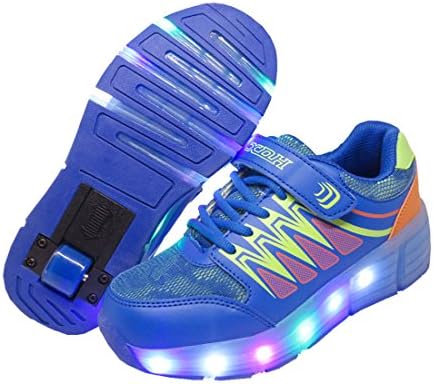 WINNEG Boys Rechargeable LED Light Up Single Wheel Roller Shoes Blue