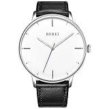 BUREI Unisex Uhr Ultra Thin minimalistischen Kleid Uhren mit weißem Zifferblatt Datum Kalender Mineralglas Lederband