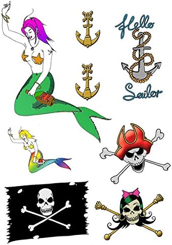 (8 SETS) Kids Birthday Party Bag Gift Filler. Pirate/Mermaid Tattoos (Total 64) Tattoos) Sailor Nautical Theme Anchors,Pirate Flag, Temporary Tattoos,Fancy Dress,Costume/Outfit Accessories