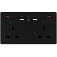 USB Type-C & USB-A Double Wall Socket – 13A 2 Gang, 35W Max Output, Modern Screwless Black Design with Integrated Charging