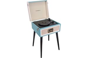 Madison - MAD-LPRETRO-MKII - Lettore di dischi retrò (33, 45, 78 giri) con altoparlanti integrati, Bluetooth, FM, USB - Adattatore 45 giri incluso - Pelle blu chiaro