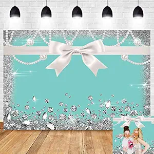 8x6ft Breakfast Blue Bow-Knot Birthday Party Photography Backdrop Sweet 16 Turquoise Diamond Bow Glitter Photo Background Vinyl Bridal Shower Party Banner Supplies Backdrops Studio Props