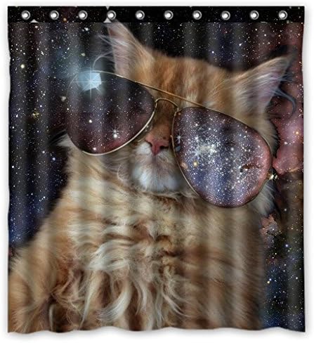 Custom Star Galaxy Outer Space Cool Sunglass Cat Waterproof Polyester Shower Curtain and Hooks Size 66"x72"