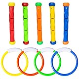 【PAQUETE Y TAMAÑO】 - Este juegos de Agua en Verano incluye anillos de buceo( 4 unidades ) , palos de buceo ( 6 unidades ) . Anillo: diámetro 5.5 in, 51g; palos: longitud 7.5 in, 35g. Material: plástico de calidad alimentaria.