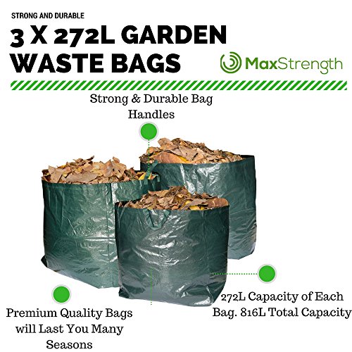 Gartenabfälle Bags Premium- und 3 wiederverwendbare Beutel mit Griffen, 272 Liter Fassungsvermögen Pro Tasche, strapazierfähig & Wasserfest Müll Säcke Best für Gras, Blätter, Bäume, Pflanzen, Blumen, Weed, Hecken und Büsche - 6