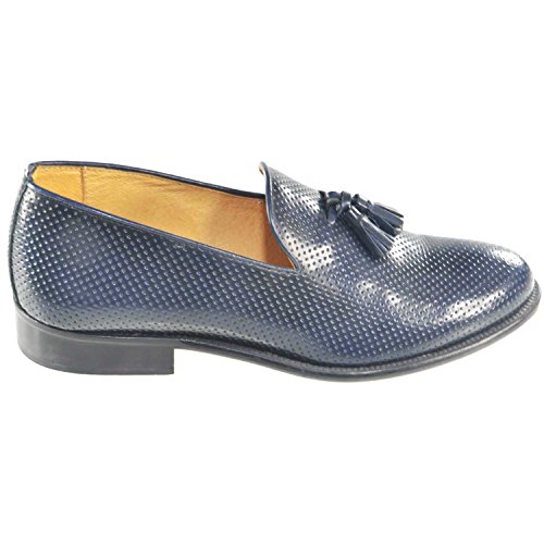 Calzature Uomo Mocassino Blu Art.ELG03 Elegante Forato Vero Cuoio Made in Italy Lavorato ARTIGIANALMENTE (40 EU)