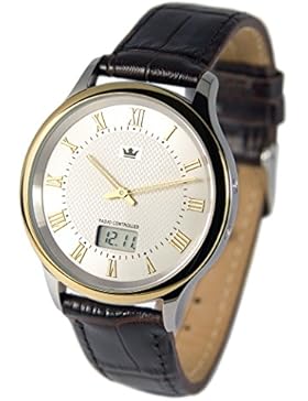 Elegante Bicolor Herren Funkuhr (Junghans-Uhrwerk) Braunes Lederarmband, Edelstahlgehäuse 964.4106