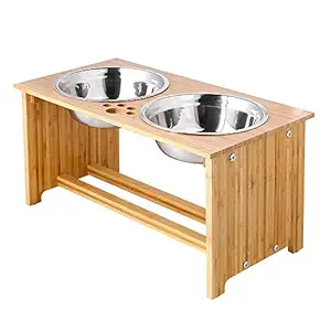 FOREYY Raised Pet Bowls for Medium and Large Dogs, Bamboo Elevated Dog Cat Food and Water Bowls Stand Feeder with 2 Stainless Steel Bowls and Anti Slip Feet 10'' Tall