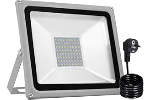 ‎PAPASBOX papasbox LED Strahler, 50W LED Fluter IP65 wasserdicht Außenstrahler Flutlichtstrahler Aluminium Scheinwerfer Licht Kaltweiß 6000K, EU Stecker, ideale Wandleuchte für Garten, Sportplatz