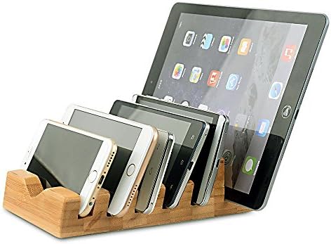 Cellphone Tablet Stand, iPUTY 6 Slots Bamboo Wood iPhone Holder Station Dock Desk Display Multi Device Organizer for iPhone 7 7Plus 6 6Plus 6S 6SPlus, iPad Mini 3 4, Kindle, Mobile Smartphones