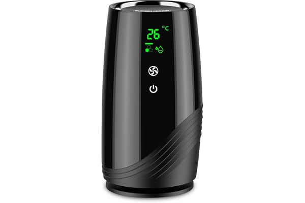 Purificateur d'Air Ionique Portable avec Filtre HEPA à Charbon Actif avec Indicateur de Température et d'Humidité sans Ozone, 2 Vitesses Elimine 99,97% de Fumée Poussière Allergènes Acekool