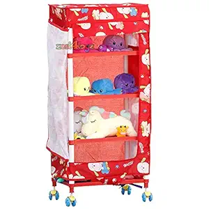 zest 4 toyz Multipurpose Shelve Space Organizer Plastic Wardrobe Foldable Almirah with 5 Trays Racks for Clothes and Toys for Kids Boys Girls - RED