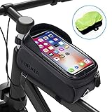 IMPERMEABLES Y ZAPATAS DUAL - La bolsa de tubo superior de la bicicleta está hecha de material ultraligero y el modelo de fútbol más nuevo en el cuerpo de la bicicleta con cierre de cremalleras doble sellado, lo que garantiza que el agua no fluya hacia la bolsa. (REGALO: Incluye cubierta contra la lluvia para una protección total) música o llamada, o recargue su linterna mientras conduce usando el orificio para el auricular en la parte inferior