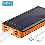 Alta capacidad: power bank solar de 26800mAh proporciona respaldo de batería grande para su uso durante actividades al aire libre como acampar o caminar. Puede cargar iPhone 6 alrededor de 10 veces, Samsung S8 alrededor de 7 veces y iPad alrededor de 3 veces con una recarga completa (Peso: 560g Tamaño: 17.5 * 8.5 * 2.5cm)