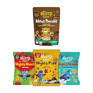 Slurrp Farm Healthy Ragi Snacks, 210G with Combo Pack of 4 - No Maida Chocolate Pancake Mix and Pack of 3 Non Fried Puffs