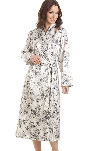 Langer Morgenmantel aus Satin - Cremeweiß mit Blumenmuster