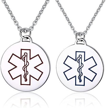 LianDuo 2pcs Men's Women's Stainless Steel Medical Alert ID Round Tag Necklace Pendant with Chain,Free Engraving
