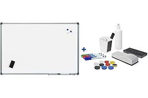 Rocada | Pizarra Blanca Magnética 60 x 90 con Marco de Aluminio | Pizarra de Pared y Pack de Accesorios | Borrador Magnético + Rotuladores de Pizarra Blanca + Imanes para Pizarra Magnética