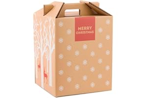 ONLY BOXES Pack de 4 cajas de cartón para lote con asas. Lote o cesta con impresión navideña para regalo de panera, botellas, envío lote. Capacidad para 9 botellas