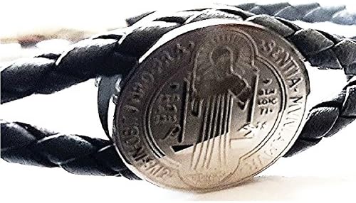 High Quality Genuine Leather Protection St. Benedict Double sided Medal Bracelet bangle