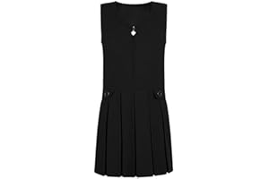 STAR FASHION New Kids Girl’s Plain School Uniform Pleated Front Zip Pinafore Two Button Wrap Over Knife Dress Sleeveless Junior School Wear Black Navy Grey Ages 2-16 Years