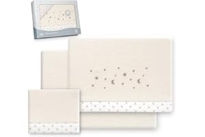Interbaby - Juego Sabanas Cuna 60x120 Poliester 100% | Sabana Cuna Coralina, Cálida | Incluye Sabana Bajera, Encimera y Funda de Almohada | Ideal para Invierno | Estrella Luna Beige