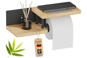 welldoo® Porte-papier toilette double étagère en bambou | Sans perçage | Porte-rouleau de papier toilette en bois | Certifié FSC | Porte-papier toilette noir à coller ou à percer