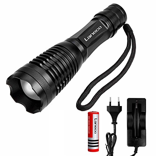 Laneco E6 Wiederaufladbare LED Taschenlampe, Super Hell Taktische Taschenlampe mit 18650 Li-Ionen-Akku und Ladegerät, Tragbare Wasserdichte Taschenlampe mit Einstellbarem Fokus und 5 Lichtmodi für Campen Wandern usw