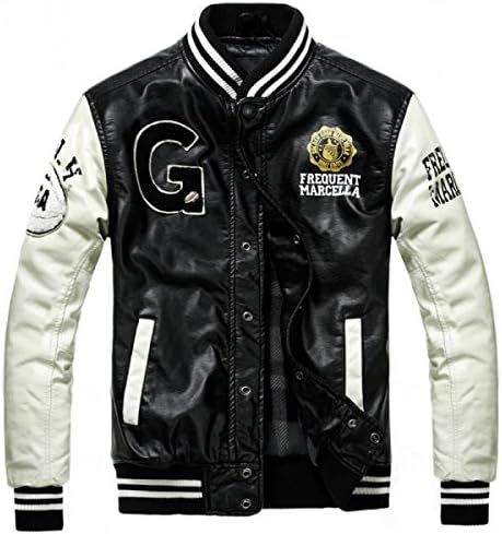BTCD Men Fall / Winter Jacket Slim Embroidered Baseball Motorcycle Top Towel Print Baseball PU ​​Leather Jacket,Black-M