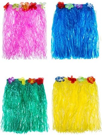 Hawaiian Luau Hibiscus Silk Faux Flowers Hula Grass Skirt For Costume Party, Events, Birthdays, Celebration,4 Pack