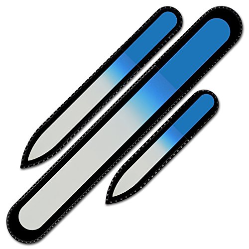 Mont Bleu Set di 3 lima per unghie in vetro colorato in sacchetto di velluto nero, grande dimensioni, vero cristallo di Boemia temperato, Garanzia a vita | Fatto a mano in Repubblica Ceca