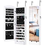 CON ESTILO Y DURADERO: armario para montaje en pared / puerta hecho de material MDF duradero y forro de terciopelo negro en el interior para proteger su joyería; Cuenta con un espejo sin marco y una pintura de revestimiento totalmente blanco.