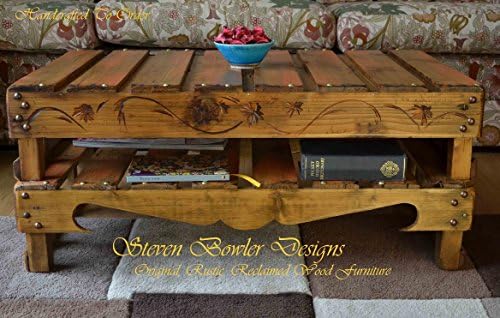 FREE UK SHIPPING Rustic Reclaimed Wood Coffee Table Medium Oak Stain &amp; Burnt Orange Autumn Gold Metallic Highlights Under Shelf Storage