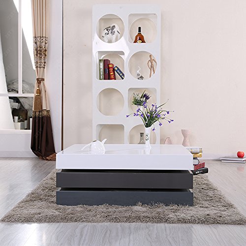 UEnjoy HIGH GLOSS White & Gray Square Storage Rotatable Coffee Table With 3 LAYERS