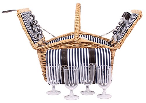 4 Personen Weiden Picknickkorb Picknickkoffer Set mit Decke, Besteck, Wein Gläser, Teller - 2