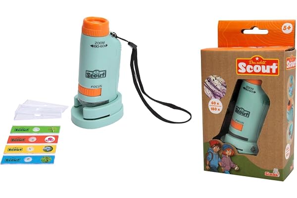 Simba 109452666 Scout Microscope de Poche avec éclairage, grossissement 60-180x, 4 exemples, 3 Lames vides, 11 cm, à partir de 5 Ans