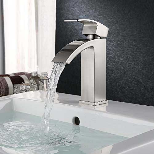HOMFA Waschtischarmatur Wasserfall Einhebel Einhandmischer Mischbatterie Wasserhahn Armatur für Bad Badezimmer Waschbecken, Nickel gebürstet, HF001