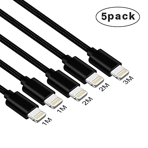 Cordon Cable Chargeur iPhone 7 Se 1m 2m 3M Cable Lightning en Nylon Tress   Synchro et Charge Rapide Cordon pour iPhone X 8 8 Plus 7 7 Plus SE 6 6s 6 5 5s iPad Pro Air Mini-Noir Lot de 5