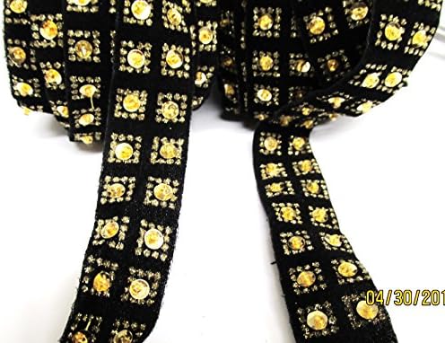 18mm Wide Sew On Gold and black Square Trimming Ribbon with Gold Sequin seed bead and Glitter (1 yard Length)
