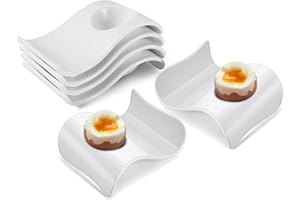 Flexzion Lot de 6 coquetiers en céramique pour œufs durs en porcelaine souple et durs, base de support pour cuillère, empilable New Wave pour le petit déjeuner Brunch Blanc