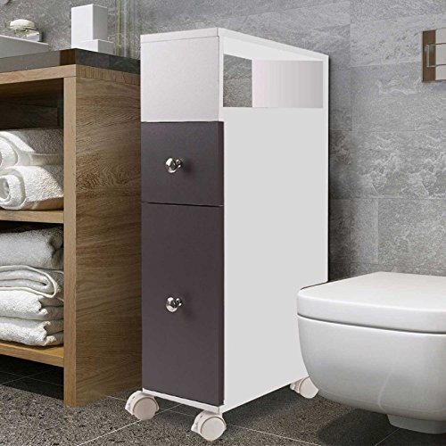 spécifications IDMarket - Meuble rangement WC sur roulettes 2 tiroirs gris