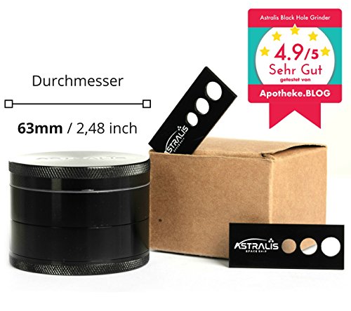 ASTRALIS Black Hole erstklassiger Grinder Ø63mm für Gewürz- und Tabak-Waren | Mit exklusivem Space Ship | Große Kräutermühle zermahlt und zerkleinert Kräuter / Gras | Aluminium crusher mit Deckel und kraftvollem Magnet, scharfen Mahlzähne, feines Pollensieb und Auffangschale 4 Teile (Schwarz) - 7