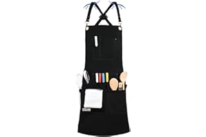 QeeLink Delantal Cocina Hombre y Mujer Profesional, Delantal Barbacoa con 10 Bolsillos, Mandiles de Cocina Ajustable de M a XXXL, Negro