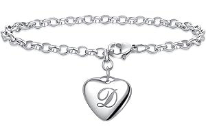LSxAB Women Girls A to Z Heart Initial Letter Charm Bracelets 26 Letters Alphabet Stainless Steel Chain Wristband Bracelet Men's Birthday Gifts 7" Adjustable