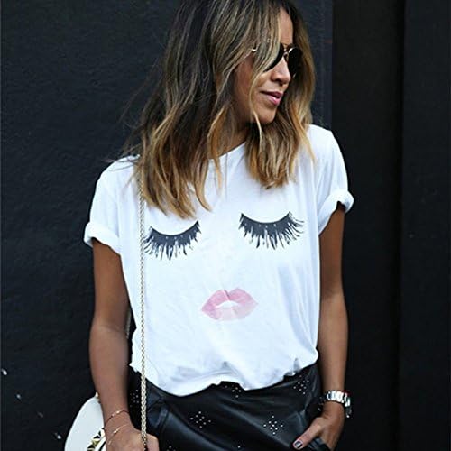 Fancathy Summer Women's Casual T-Shirt Tshirt Eyelashes Lip Print Loose Tees Woman Shirts