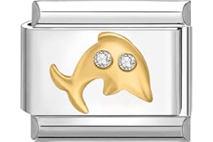 Quiges - 9mm Italian Style Charm Modul Edelstahl Gold Zirkonia Delphin für Italienische Armbänder