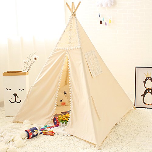 Lebze Teepee Tent for Kids - Natural Cotton Canvas Lace Play Wigwam for Baby Girls